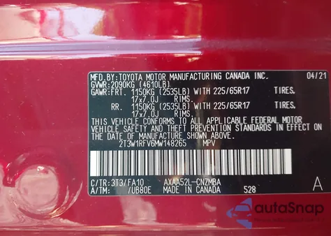 2021 Toyota Rav4 Xle z USA, uszkodzony, nr VIN 2T3W1RFV6MW148265